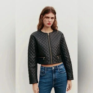 NWT Zara Faux Leather Cropped Quilted Jacket Black Sz S